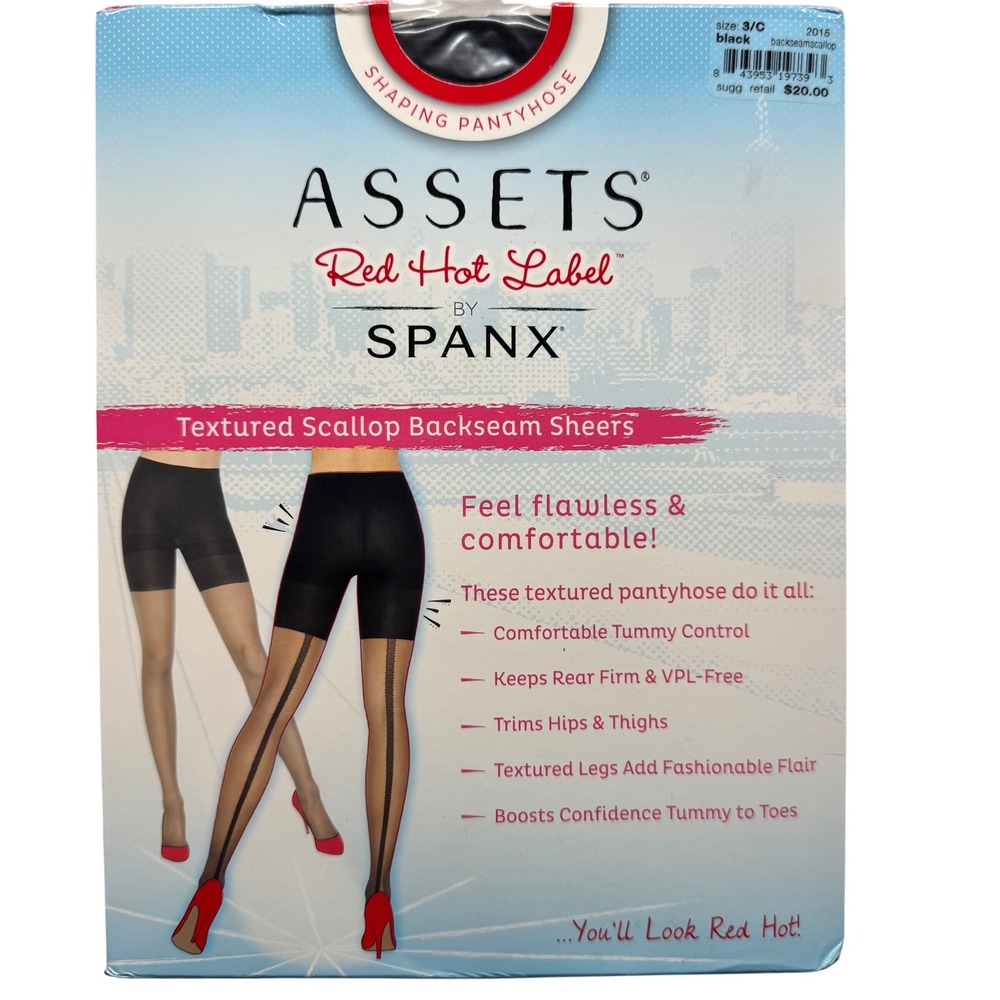 Spanx Assets Pantyhose Red Hot Label Textured‎ Scallop Backseam Sheer 3 Black